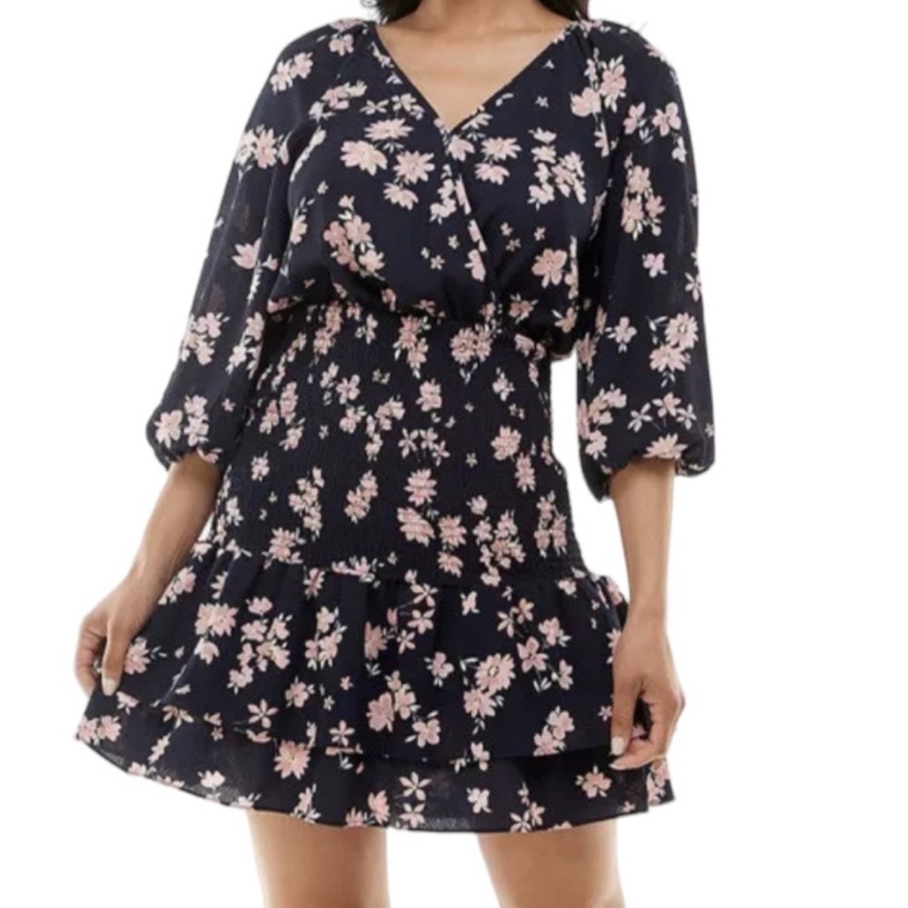 Premier Amour Navy and Pink Floral Smocked Ruffle  
Tiered Mini Dress|  Size 14